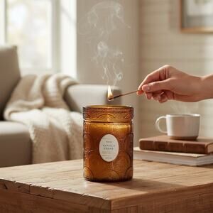 Leoben Vanilla Cedar Candle Brown Cut Glass Jar 18oz 80 Hr Burn Time